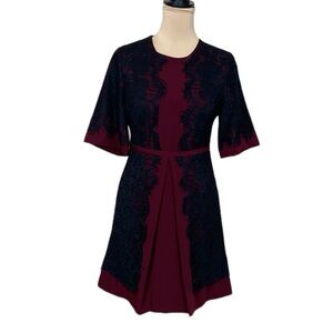 Gianni Bini Burgundy and Black Lace-Accent Fit & Flare Dress